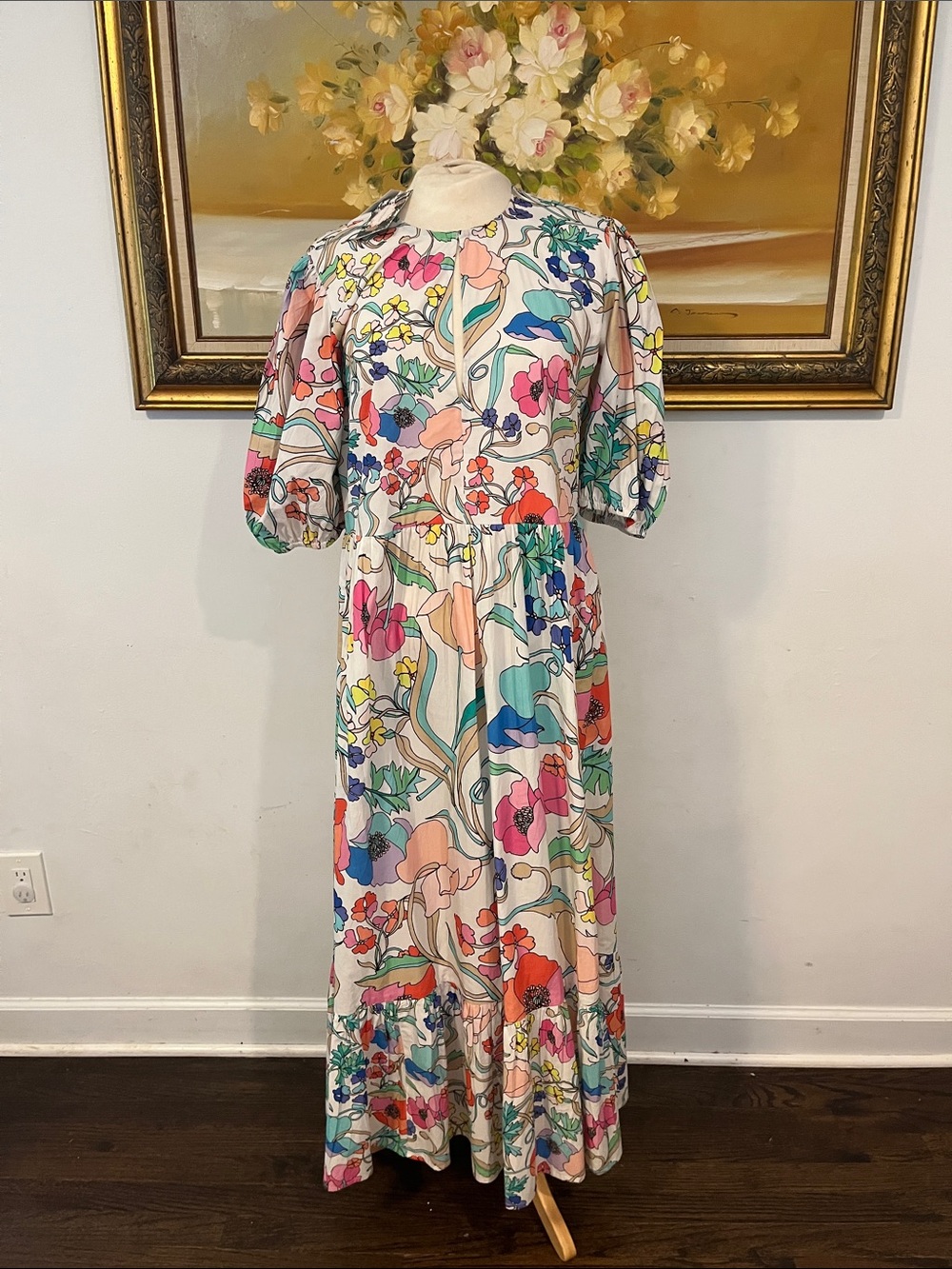 Oliphant Cream Multicolor Floral Puff-Sleeve Maxi Dress